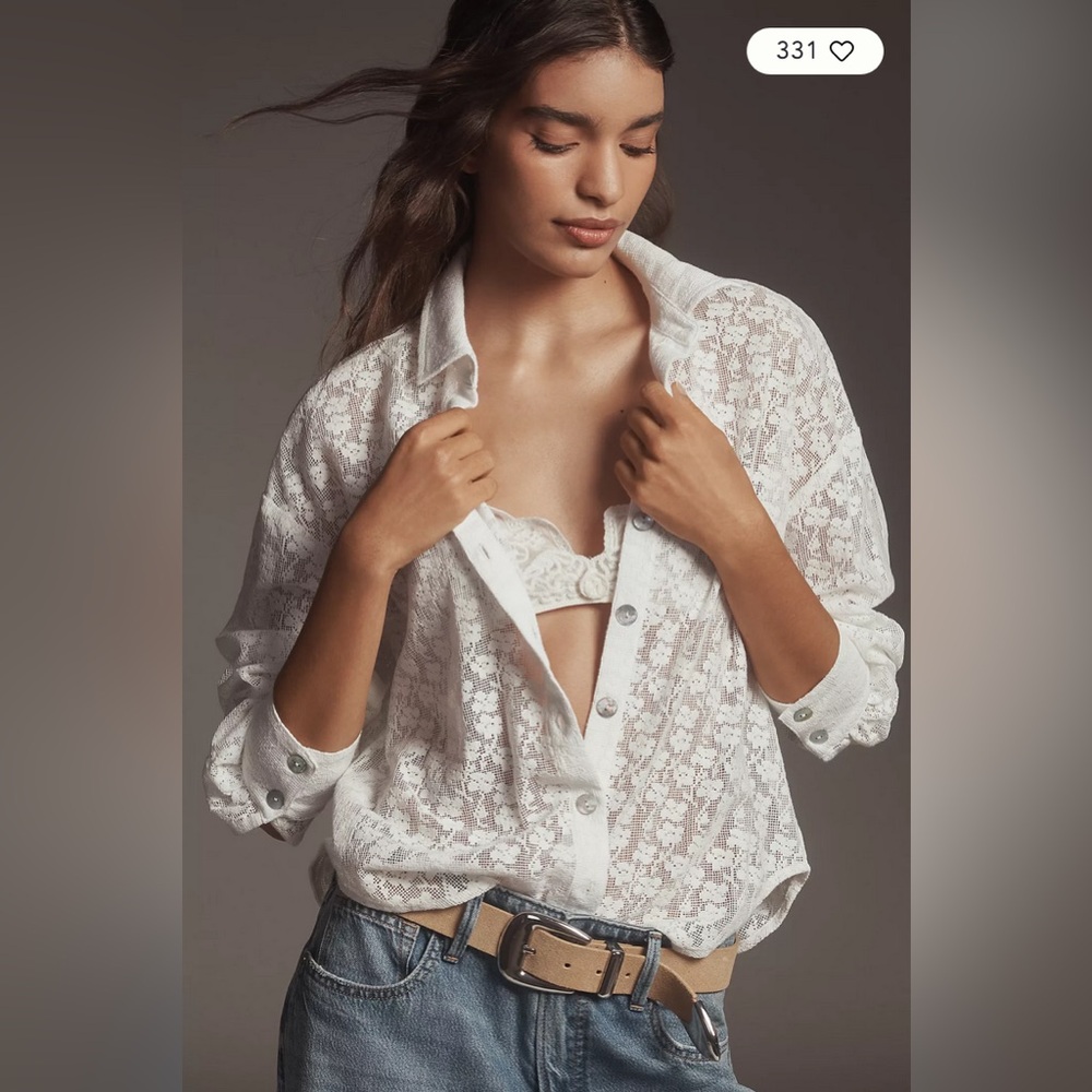 Anthropologie White Lace Button-Down Shirt